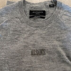 AllSaints Men's Light Grey Crewneck Merino Sweater